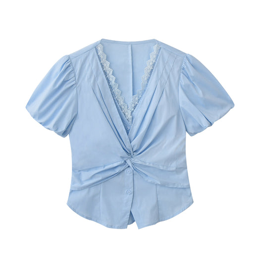 Lace-Detail Bubble Sleeve Knotted Blouse