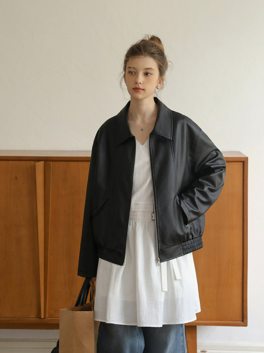 Zip-Up Faux Leather Jacket With Elastic Hem
