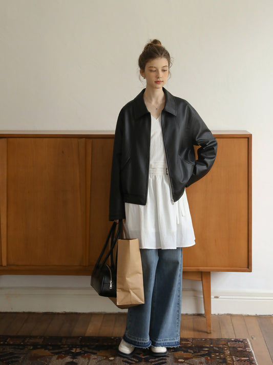 Zip-Up Faux Leather Jacket With Elastic Hem