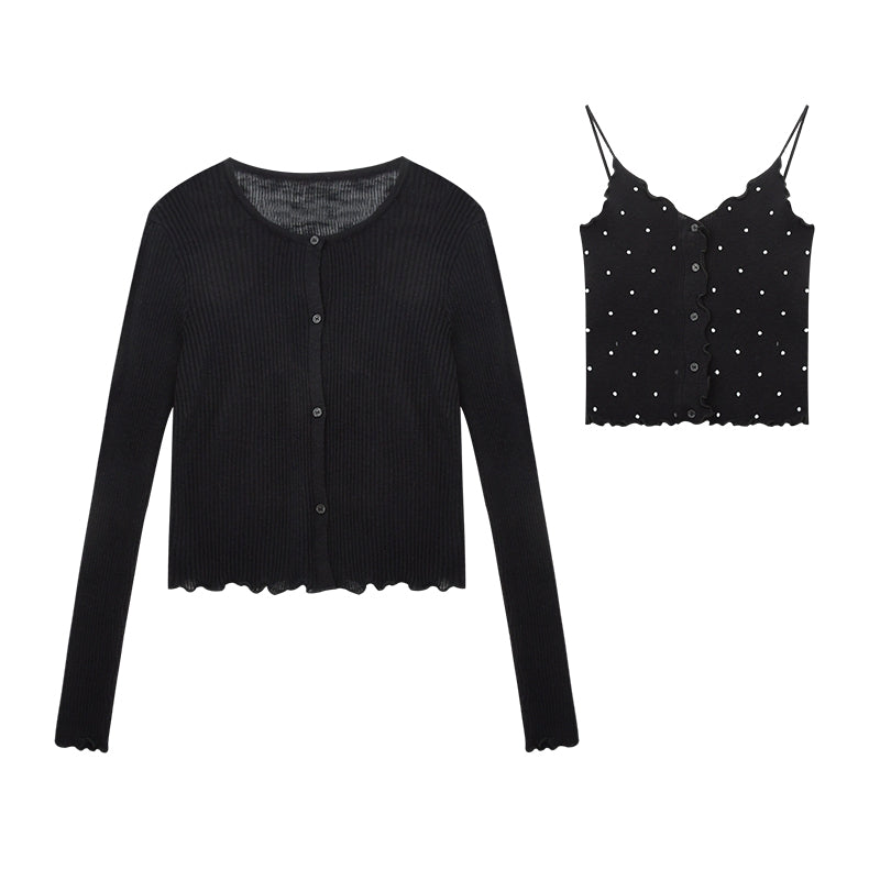 Lettuce-Edge Cardigan & Dotted Camisole Set