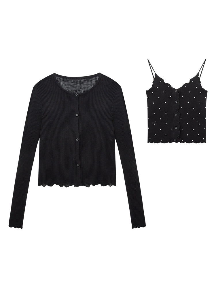Lettuce-Edge Cardigan & Dotted Camisole Set