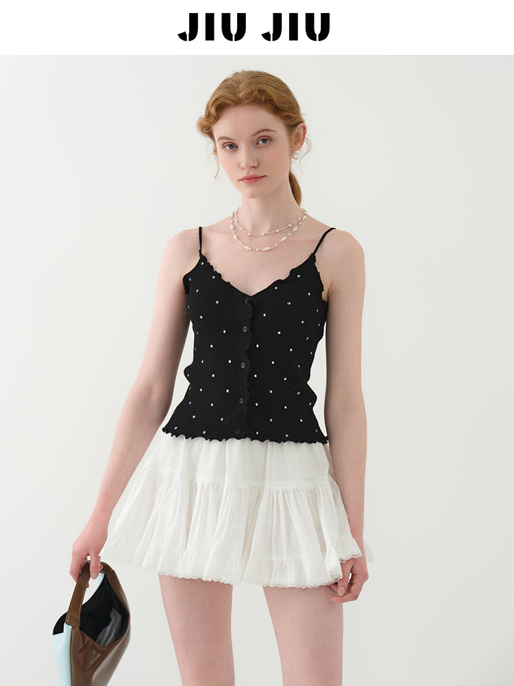 Lettuce-Edge Cardigan & Dotted Camisole Set