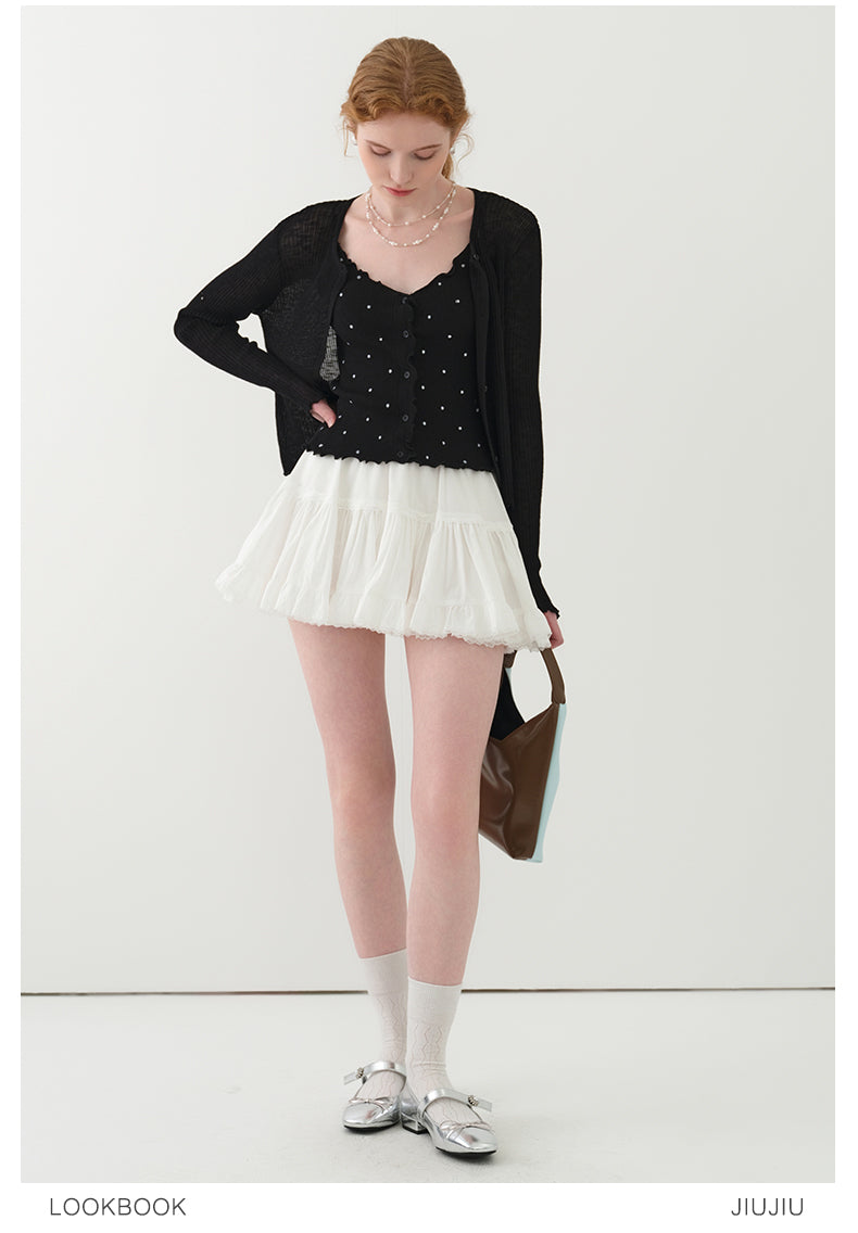Lettuce-Edge Cardigan & Dotted Camisole Set