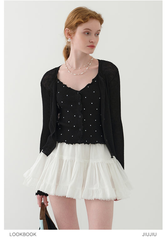 Lettuce-Edge Cardigan & Dotted Camisole Set