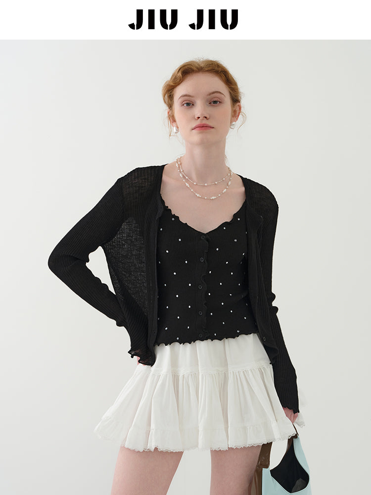 Lettuce-Edge Cardigan & Dotted Camisole Set