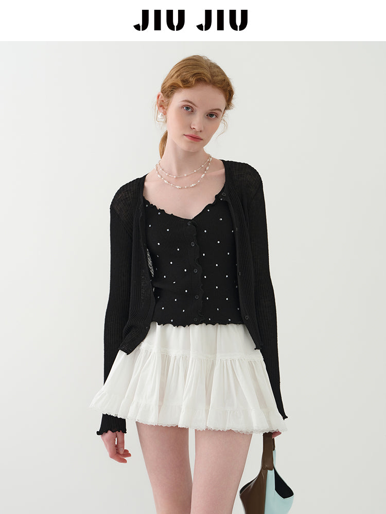 Lettuce-Edge Cardigan & Dotted Camisole Set