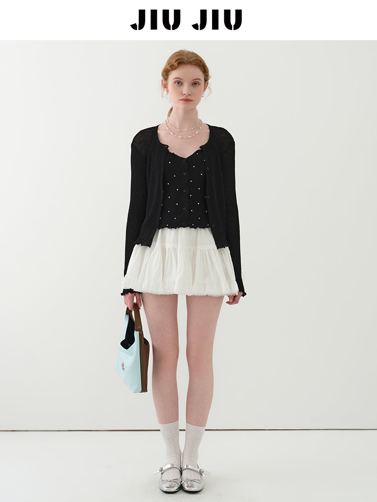 Lettuce-Edge Cardigan & Dotted Camisole Set