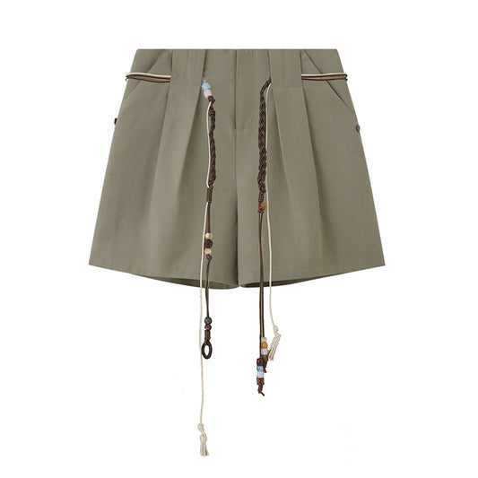 Tuck Shorts With Beaded Tie Belt