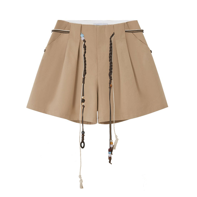Tuck Shorts With Beaded Tie Belt