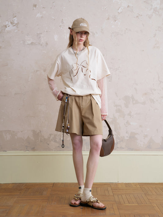 Tuck Shorts With Beaded Tie Belt