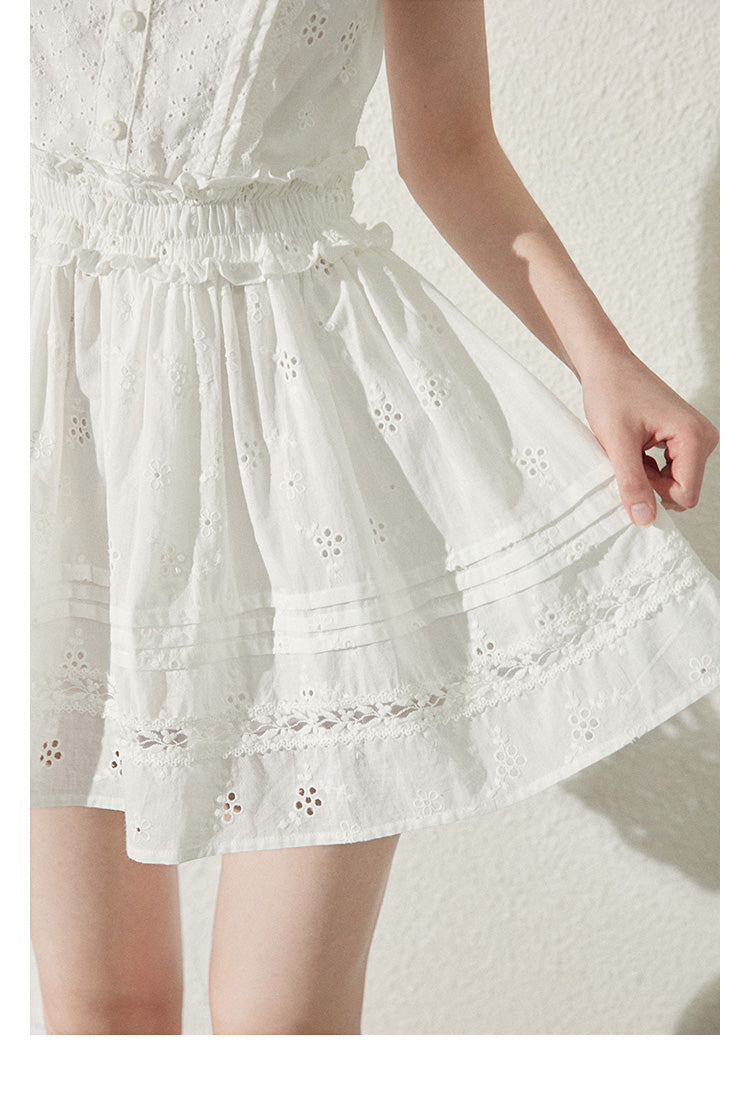 Zip-Up Cotton Lace Dress With Shirred Waist