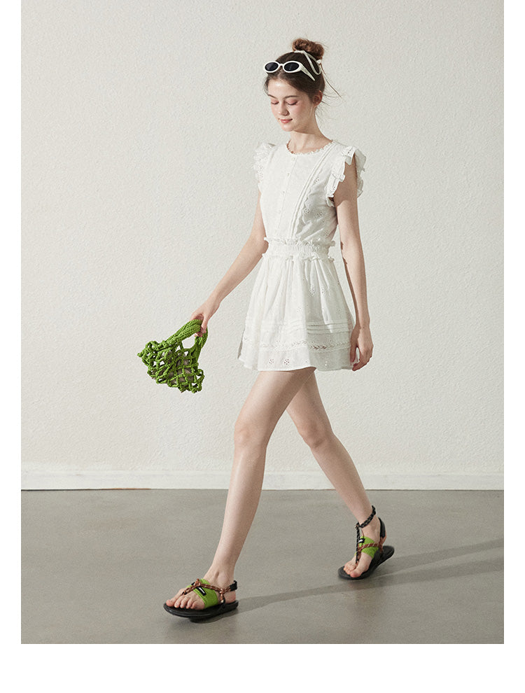 Zip-Up Cotton Lace Dress With Shirred Waist