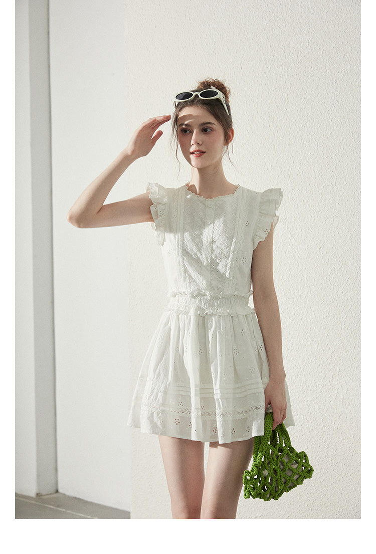 Zip-Up Cotton Lace Dress With Shirred Waist