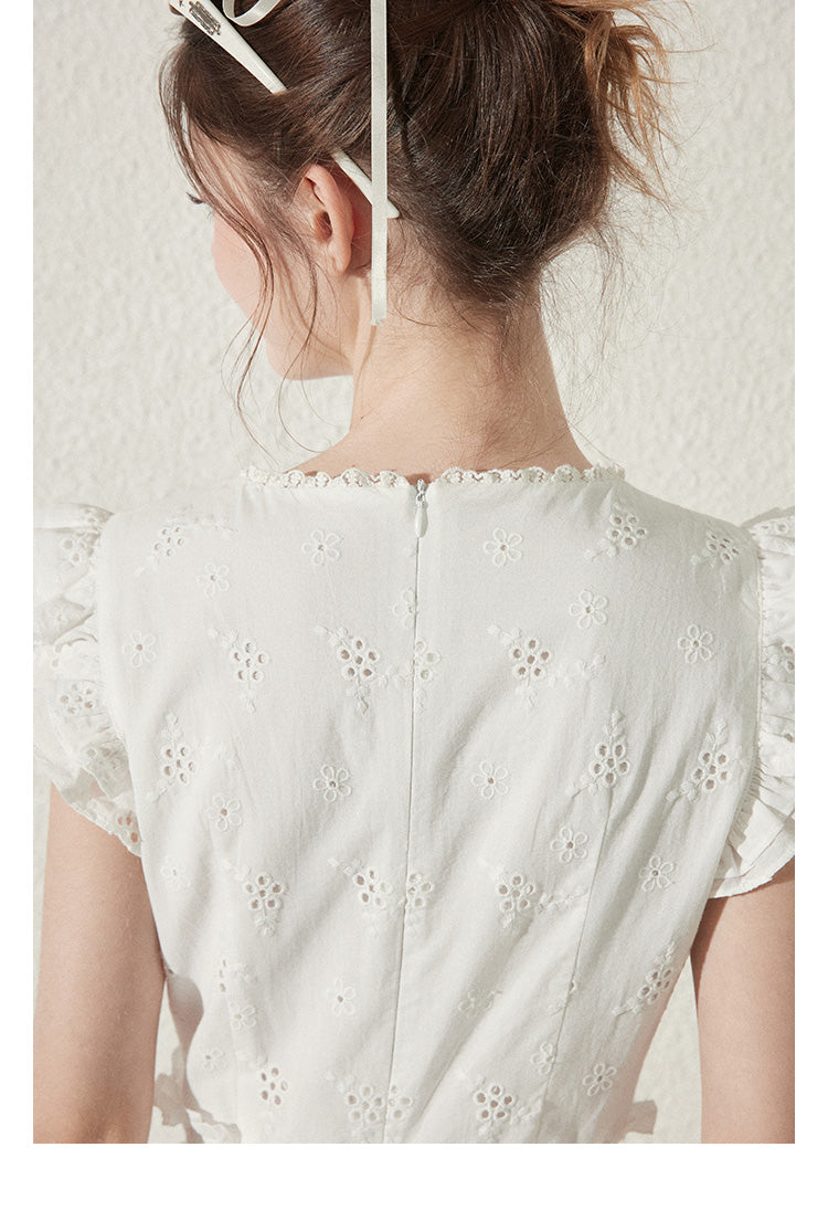 Zip-Up Cotton Lace Dress With Shirred Waist