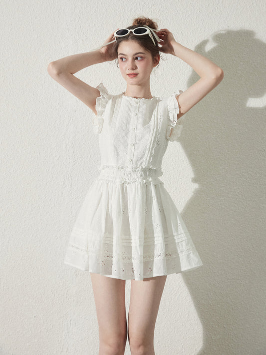 Zip-Up Cotton Lace Dress With Shirred Waist