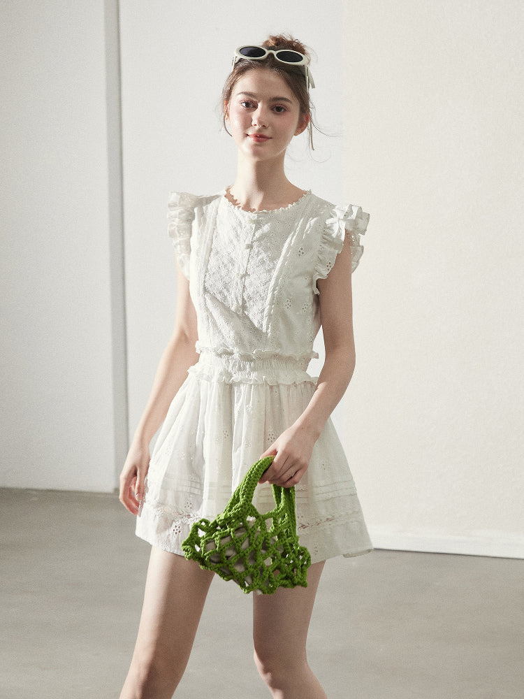 Zip-Up Cotton Lace Dress With Shirred Waist