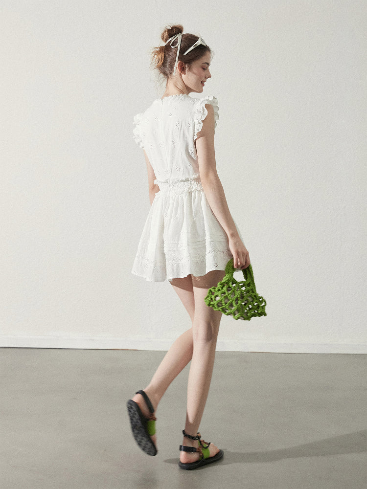 Zip-Up Cotton Lace Dress With Shirred Waist