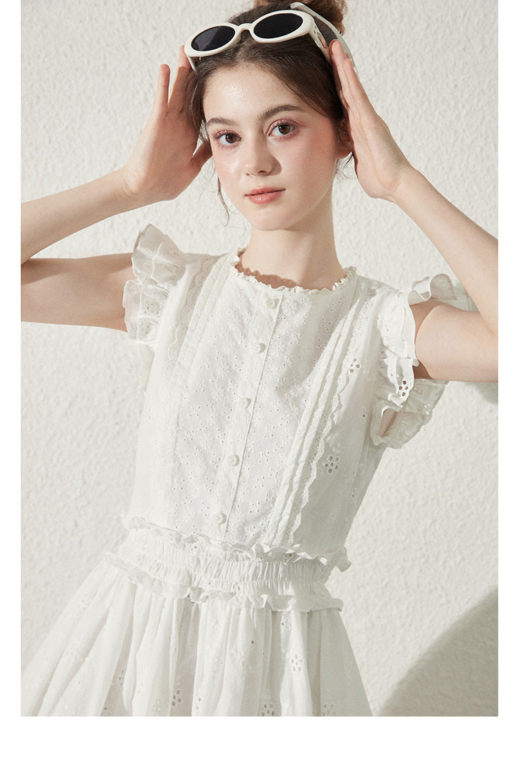 Zip-Up Cotton Lace Dress With Shirred Waist