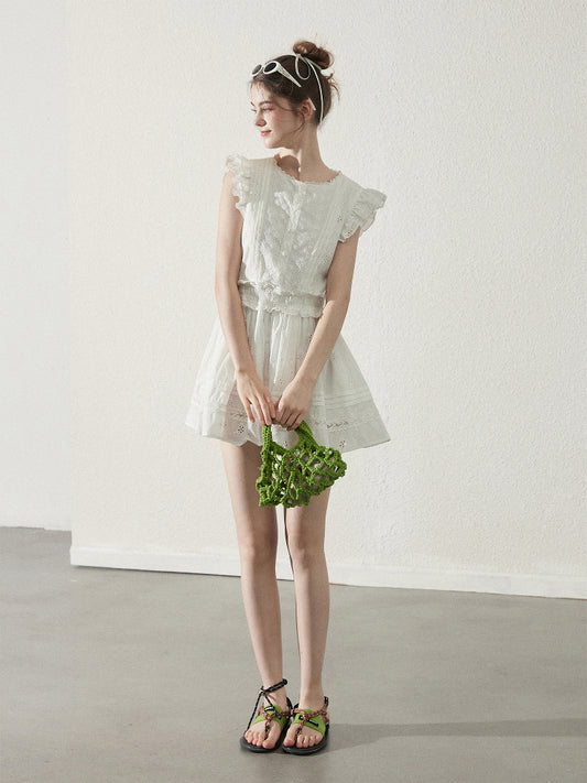 Zip-Up Cotton Lace Dress With Shirred Waist