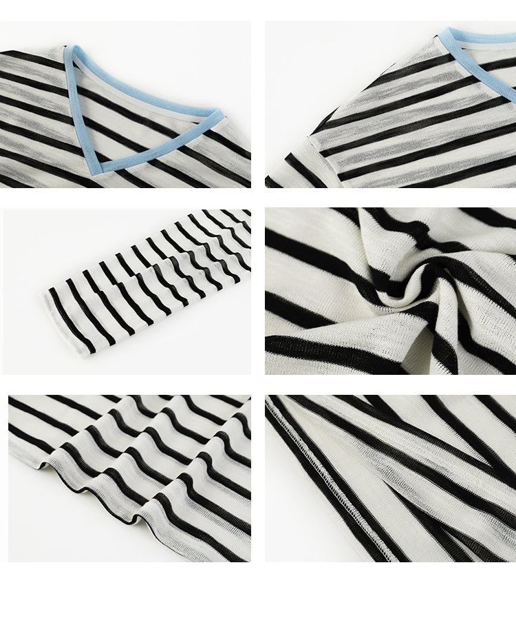 V-Neck Lightweight Knit T-Shirt In Stripes Or Plain