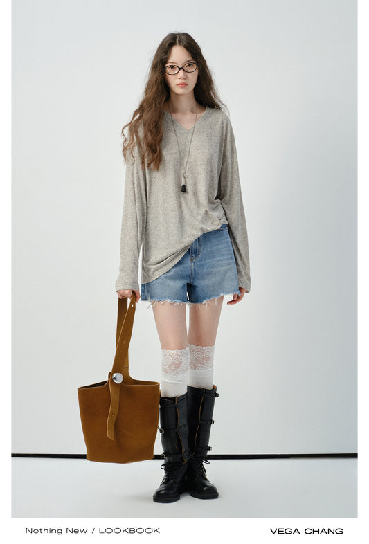 V-Neck Lightweight Knit T-Shirt In Stripes Or Plain