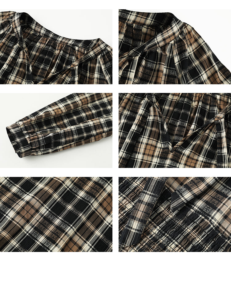 Plaid Smocked Tie-Neck Dress And Adjustable Blazer