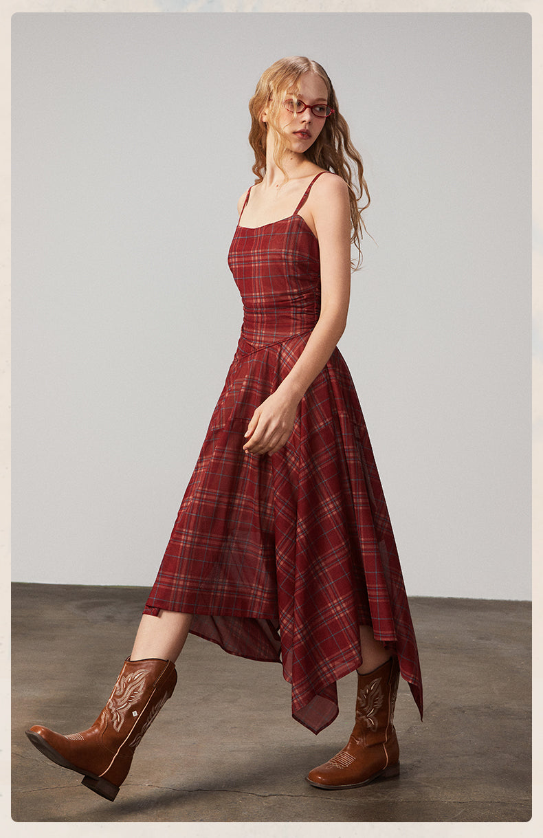 Plaid Mesh Camisole Dress With Adjustable Straps