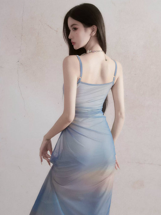 Sunset-Inspired Smudged Color Asymmetric Long Dress