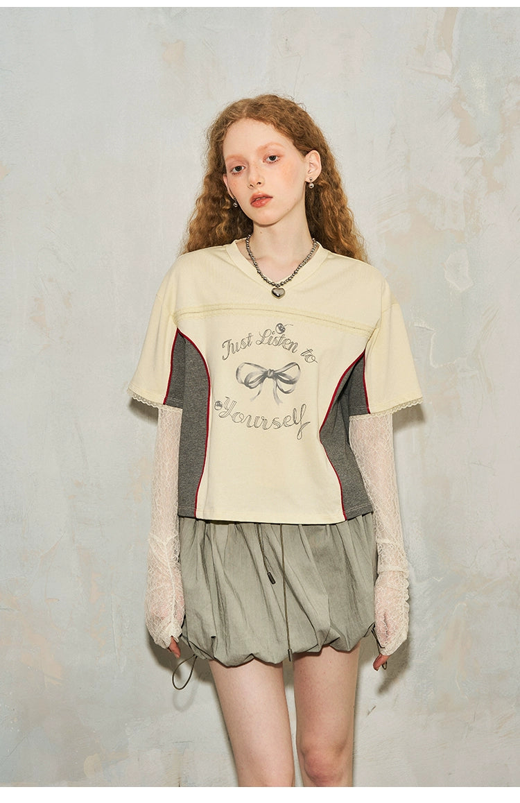 Sporty Bow Cherry Print Short-sleeved V-neck T-shirt