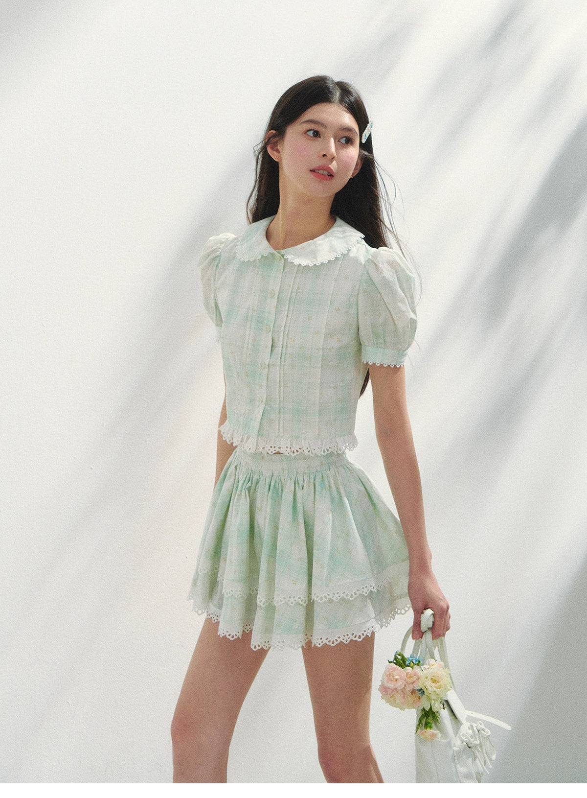 Puff-Sleeve Blouse & Tiered Skirt - Plain Or Plaid
