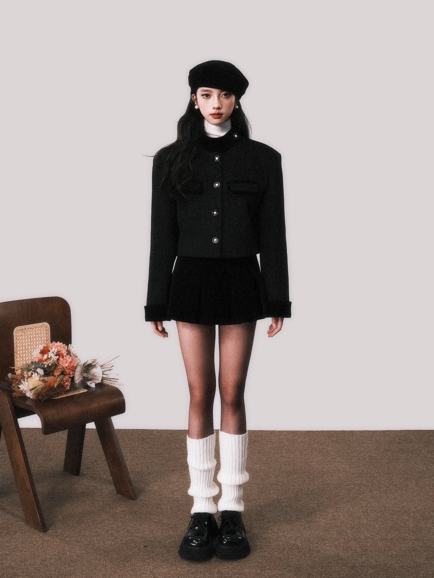 Pearl Beaded Wool Blend Stand Collar Jacket