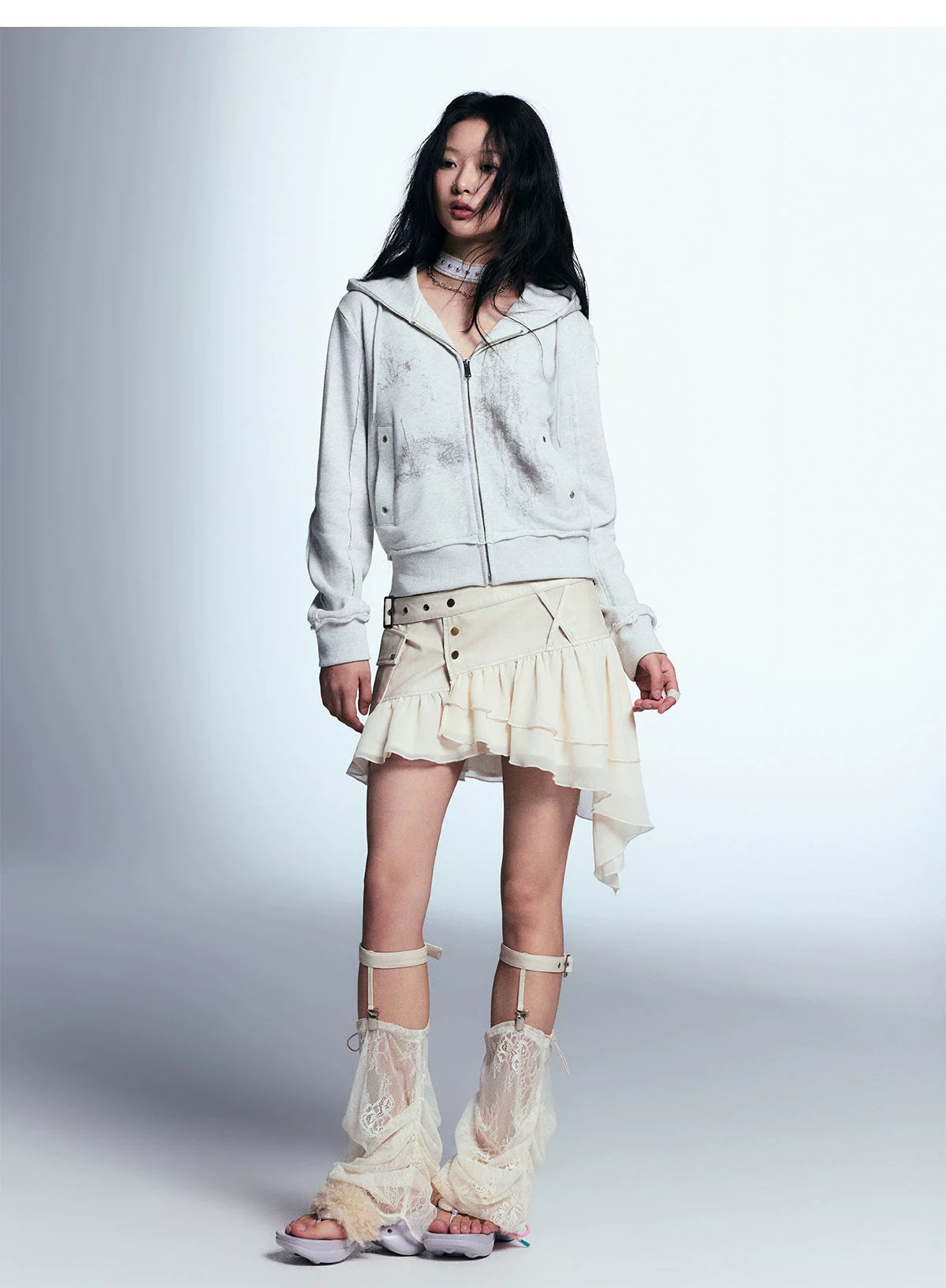 Asymmetric Ruffled Skirt With Faux Leather Detail