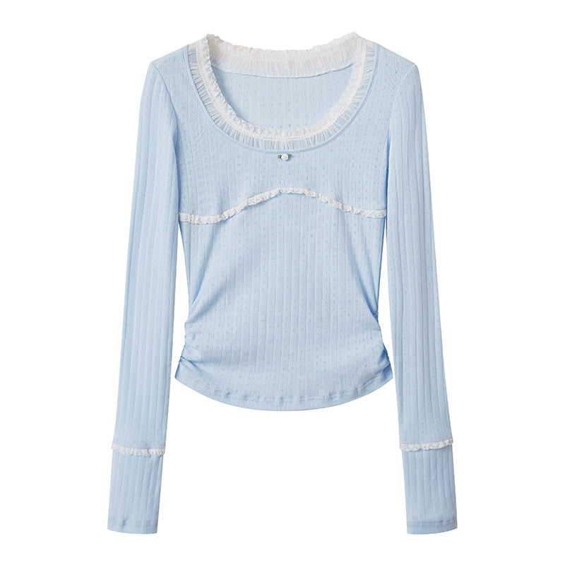 Lace Splicing U-neck Long-sleeved T-Shirt