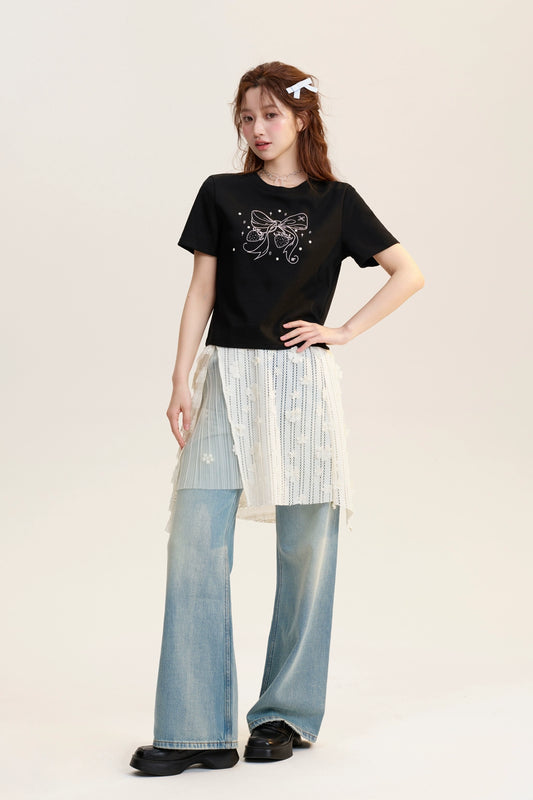 Lace Overlay Skirt In Mixed Fabrics