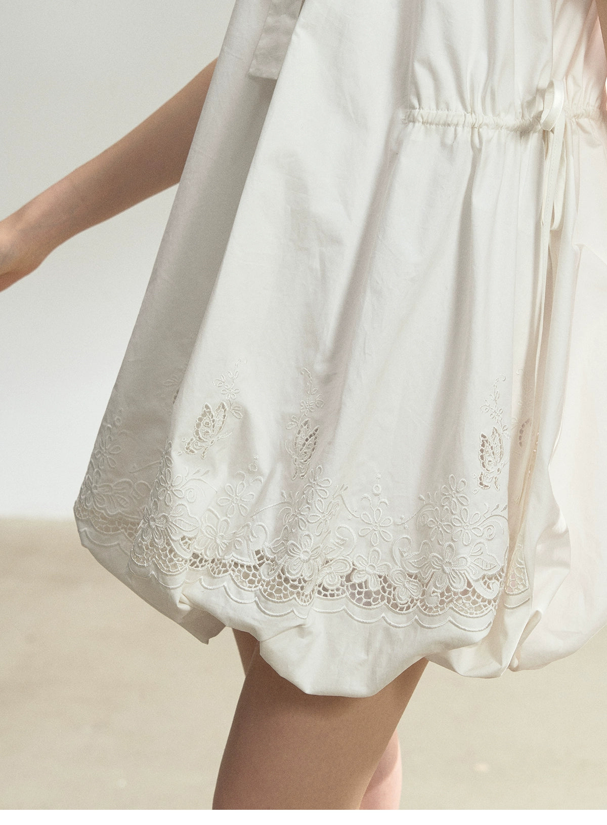 Embroidered Tie Neck Bubble Mini Dress