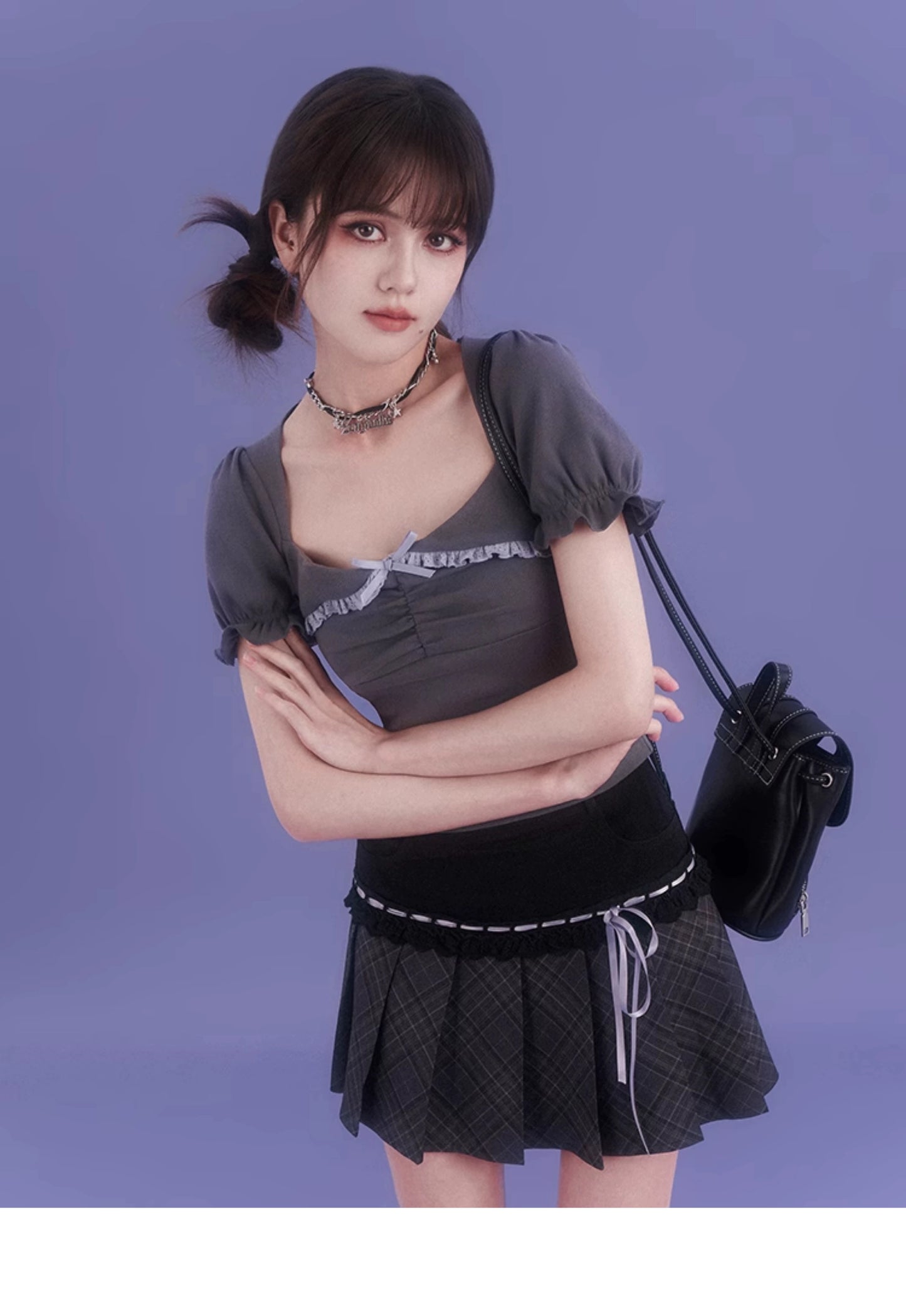 Square Neck Puff Sleeve Ruched Top With Lace Trim