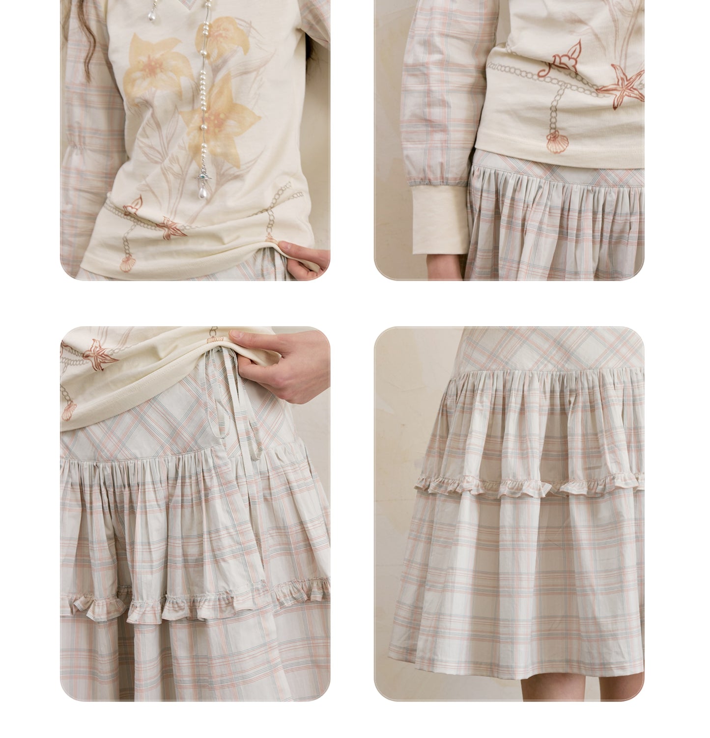 Floral Plaid V-Neck Shirt & Wrap Skirt