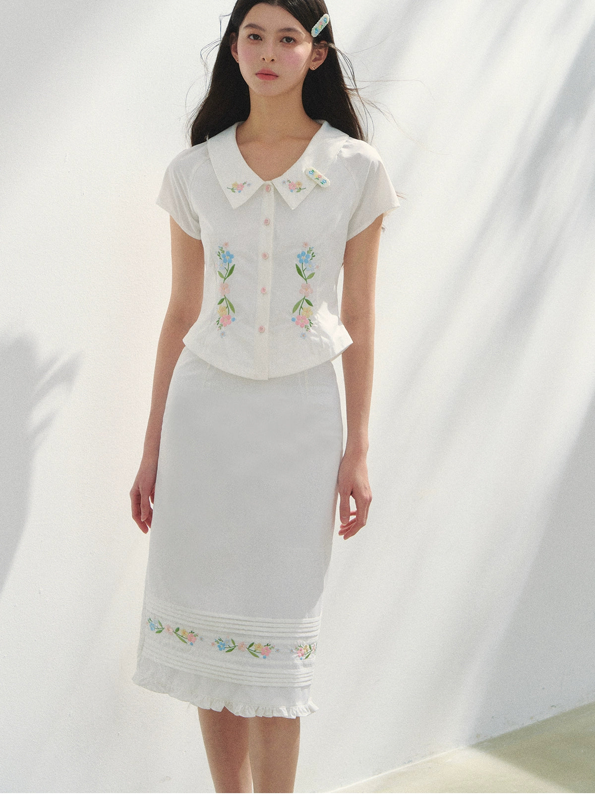 Floral Embroidered Fitted Blouse & Skirt In Pure Cotton