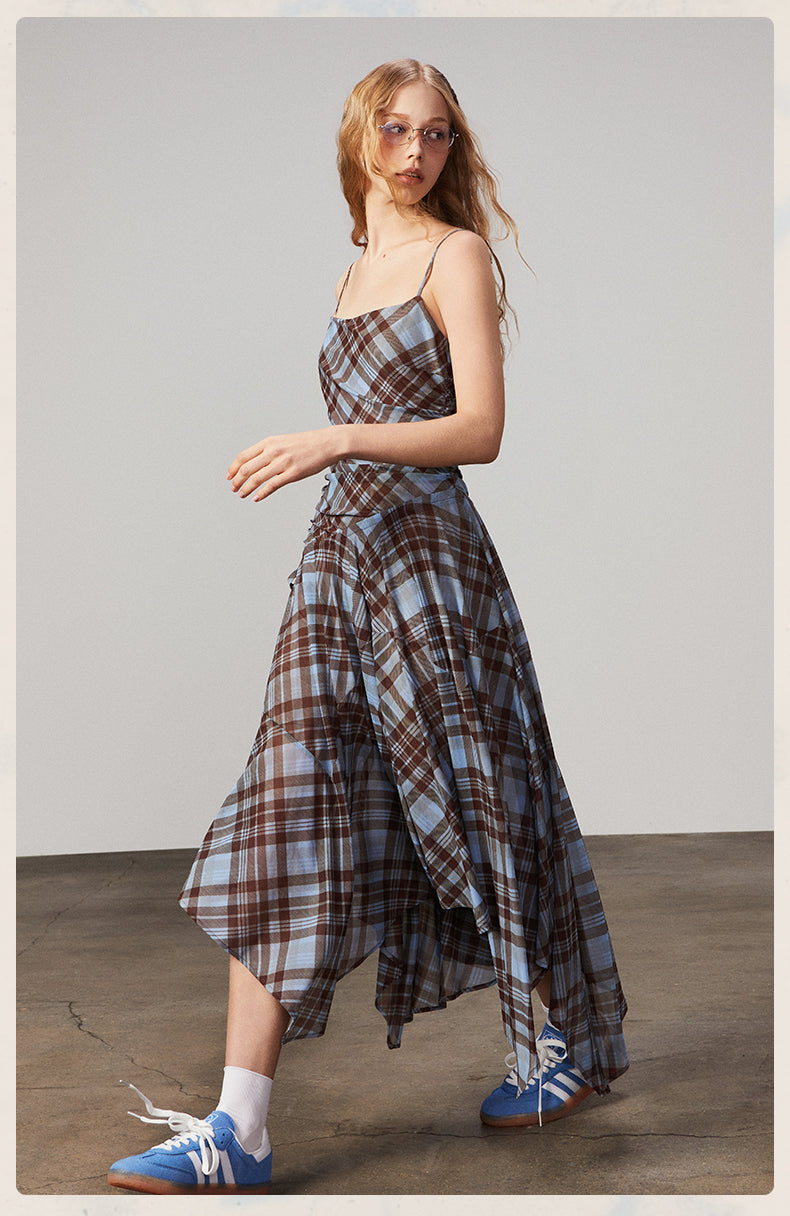 Plaid Mesh Camisole Dress With Adjustable Straps