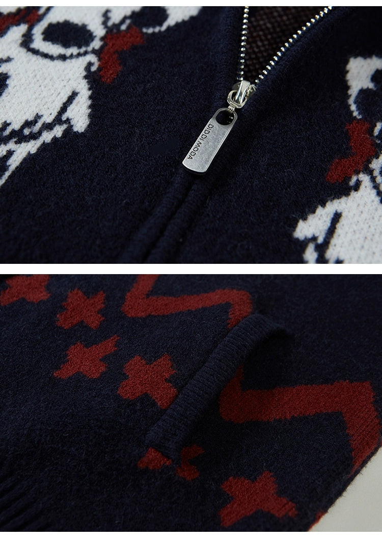 Dog Pattern Turtle Neck Zip Front Cardigan