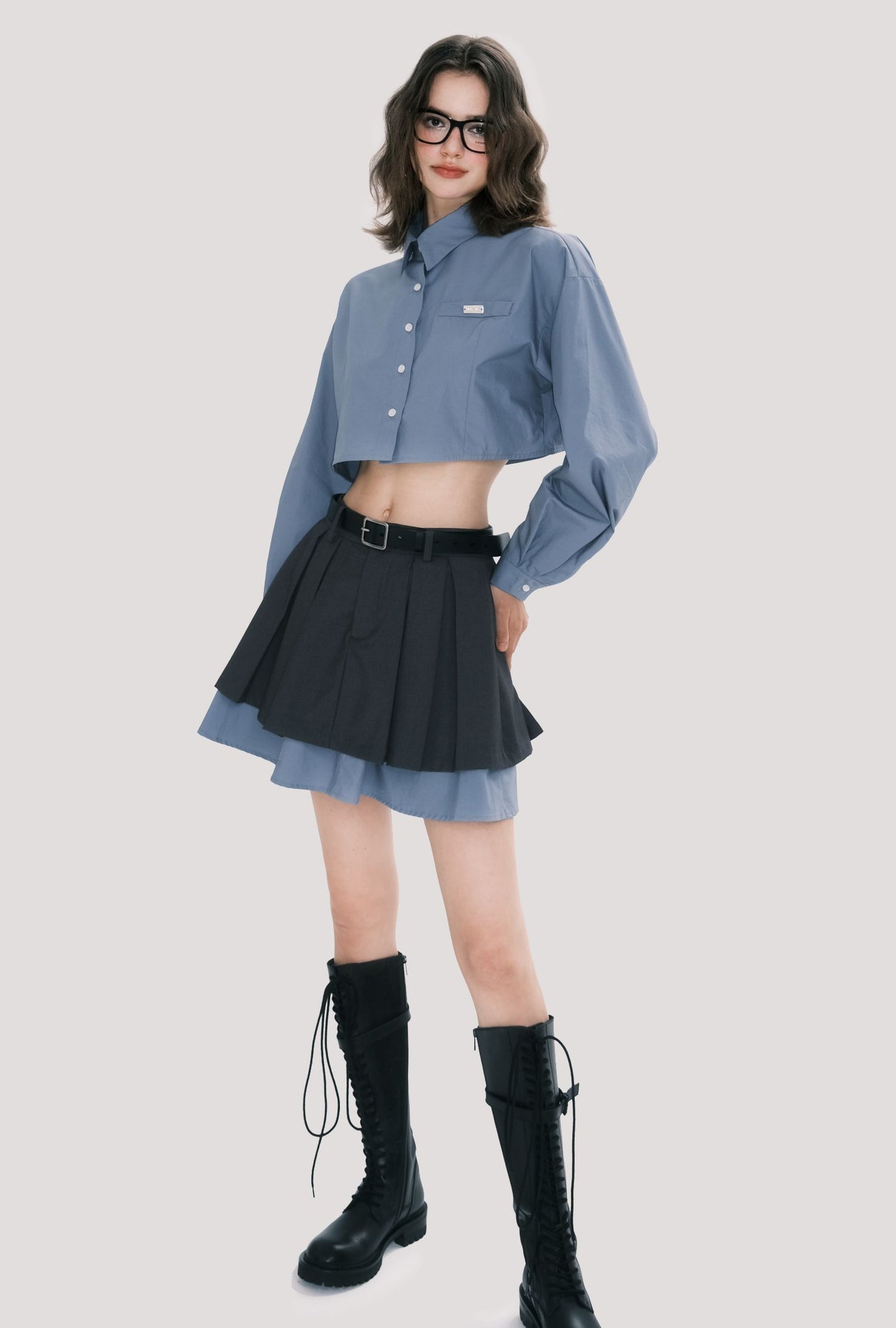 Cropped Cotton Shirt And Low-Rise Layered Skirt