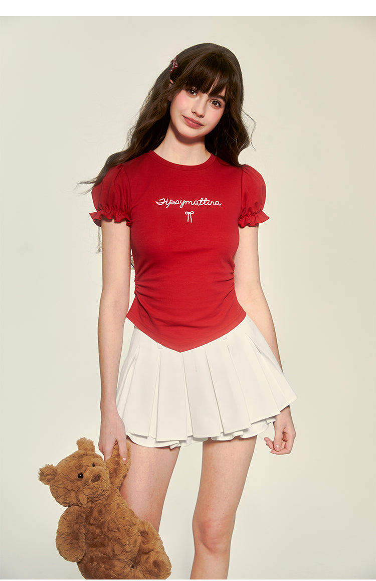 Puff-Sleeved Lettered Side-Ruched Top
