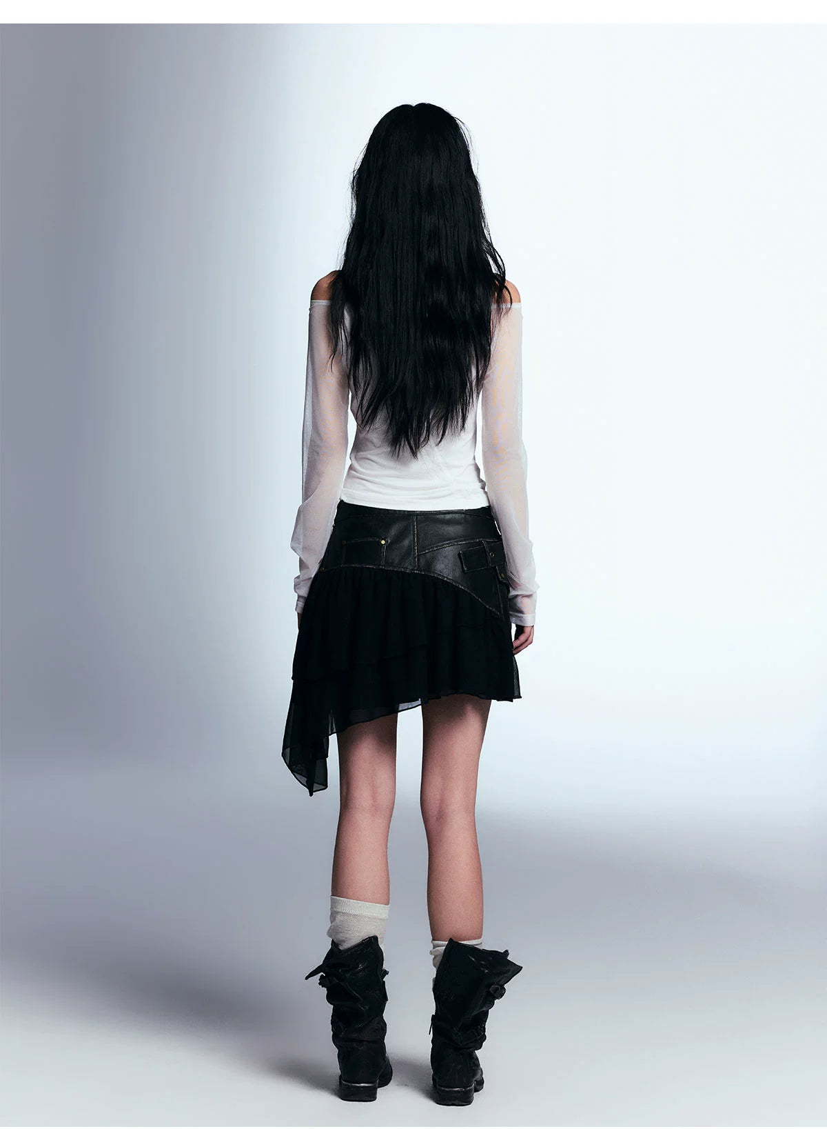 Asymmetric Ruffled Skirt With Faux Leather Detail