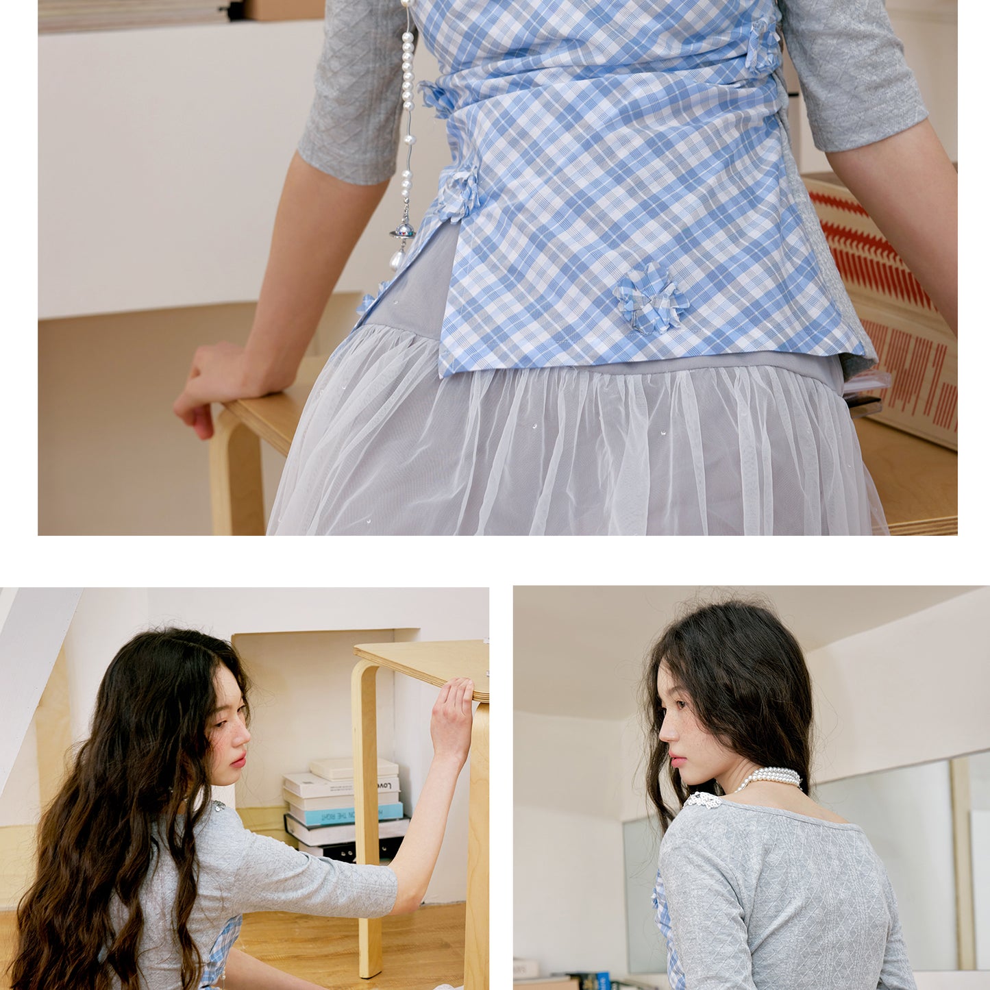 Embellished Plaid Top With Flowers & Sequins