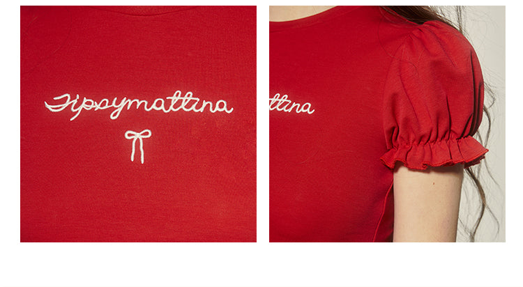 Puff-Sleeved Lettered Side-Ruched Top