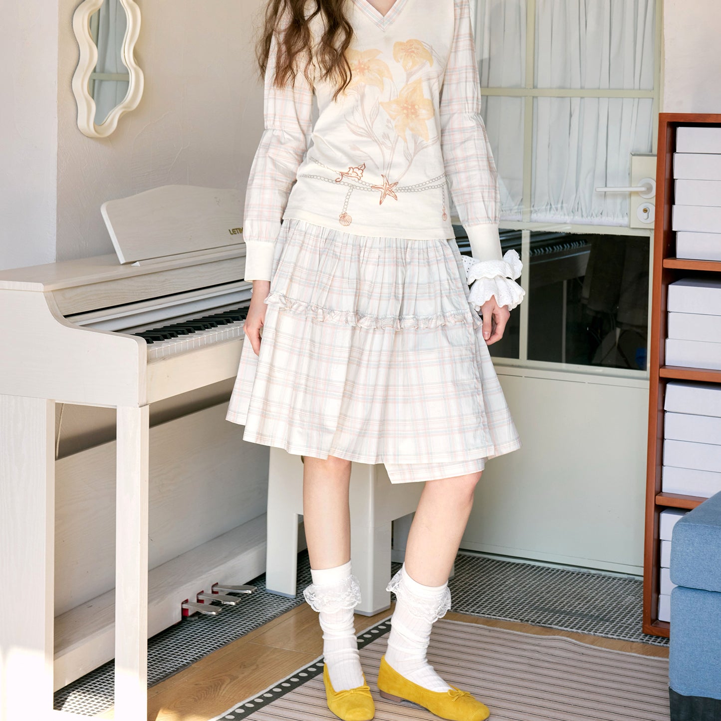 Floral Plaid V-Neck Shirt & Wrap Skirt