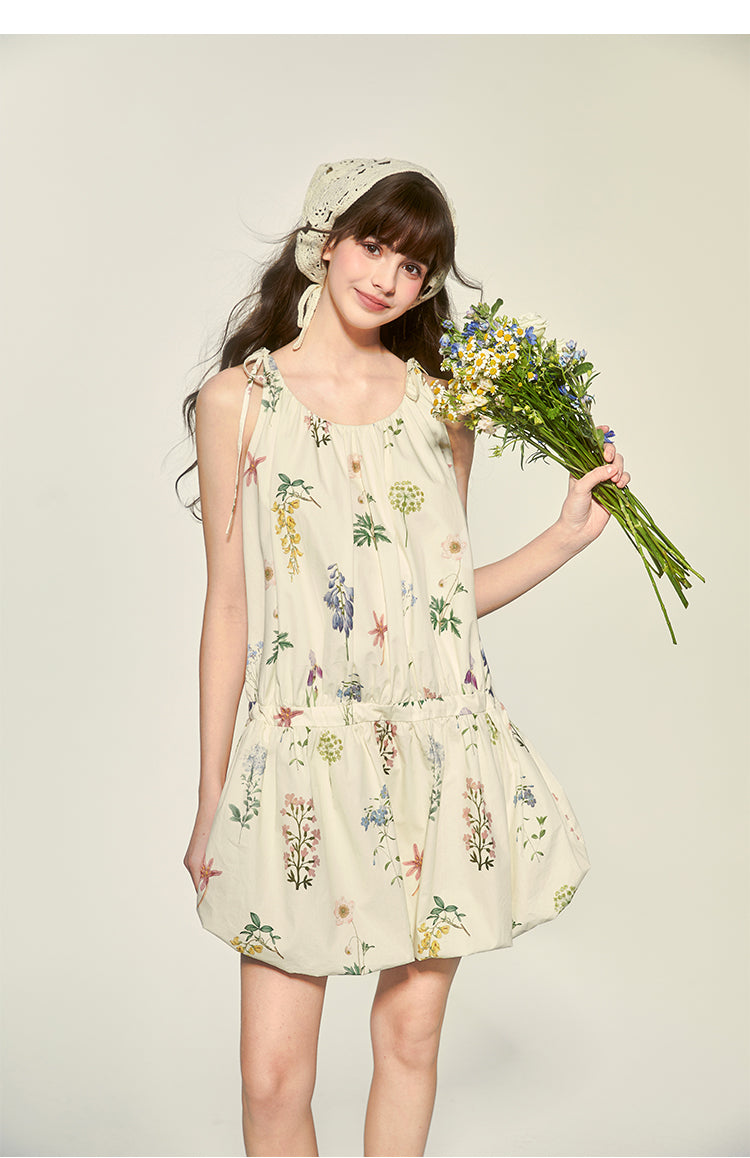 Tie-Strapped Floral Holiday Dress With Balloon Hem