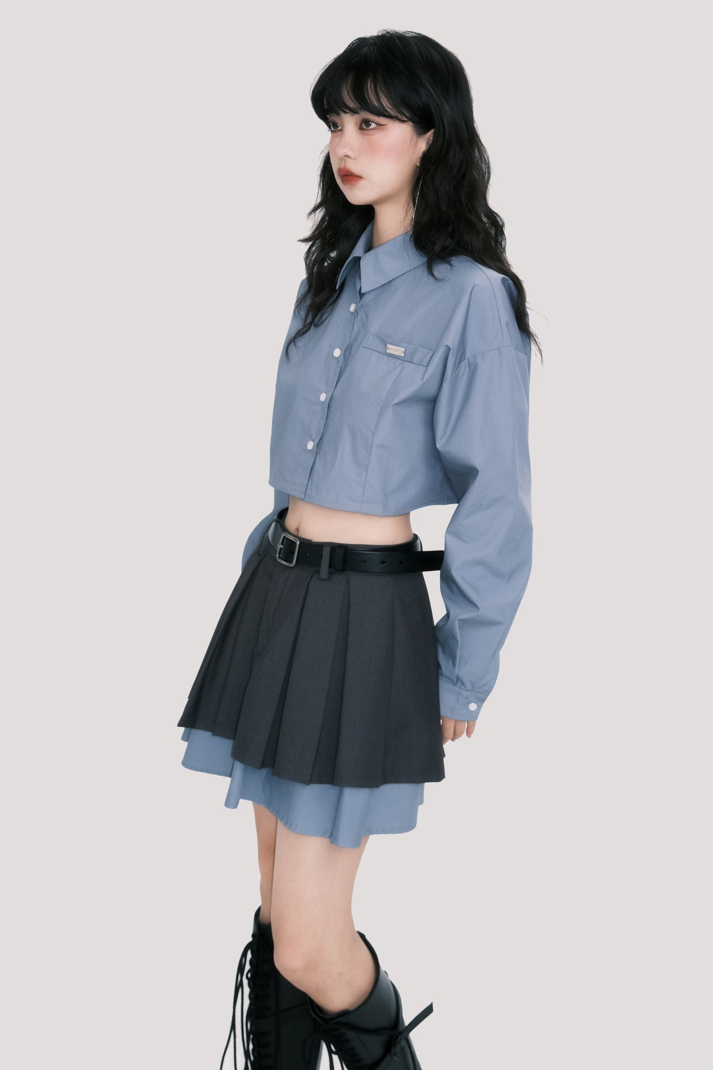 Cropped Cotton Shirt And Low-Rise Layered Skirt