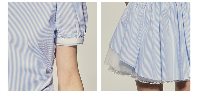 Peter Pan Collar Puff-Sleeve Striped Tulle Dress