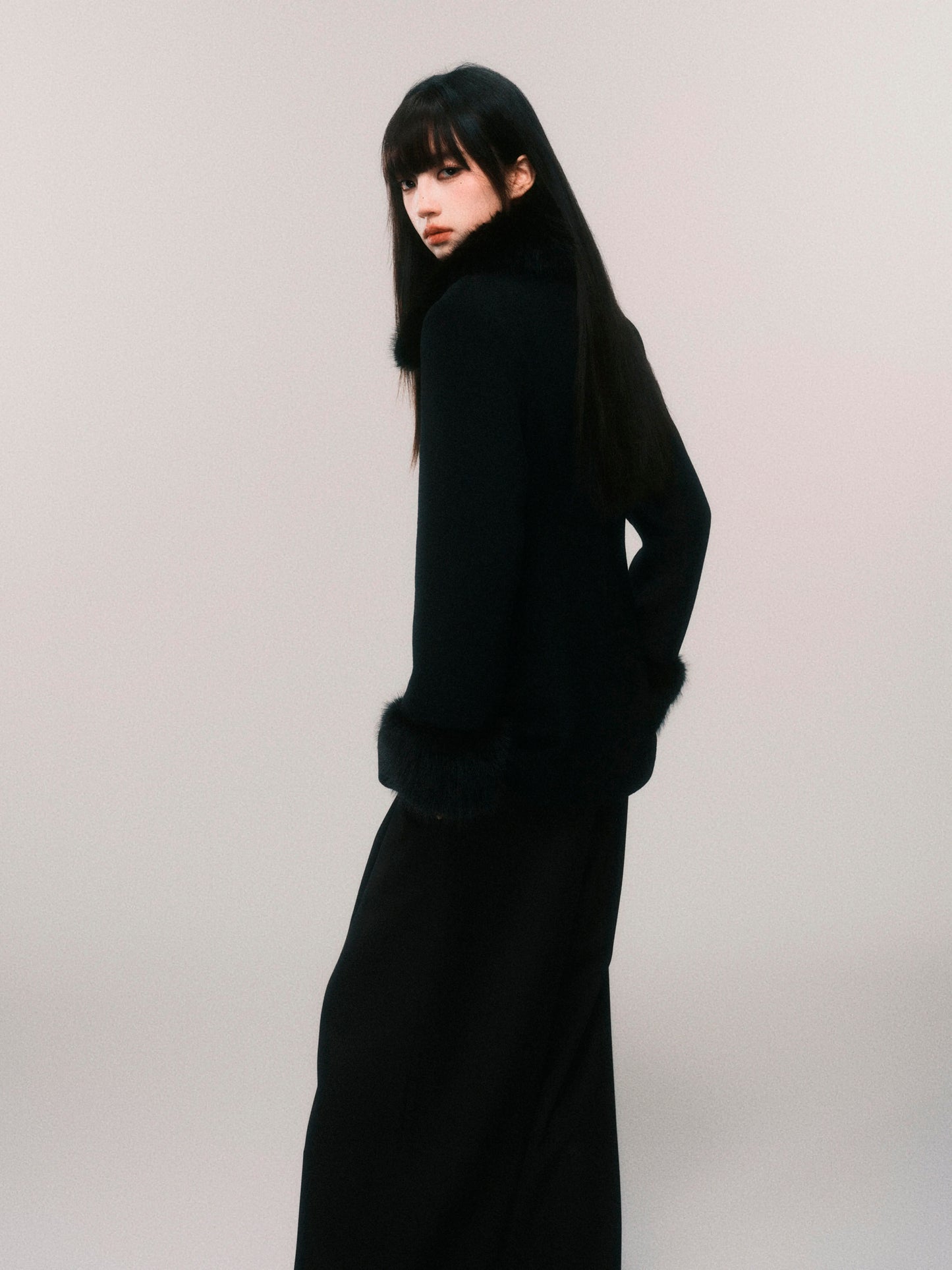 Fur Trim Wool Blend Fitted Short Jacket